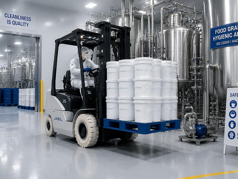 Forklift with white non-marking solid tyres in a clean indoor facility