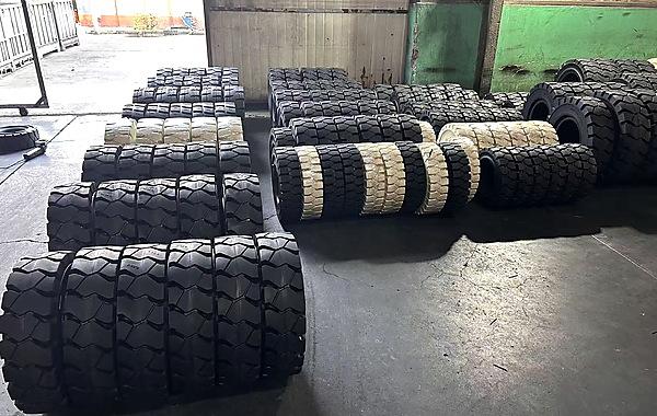 JABIL finished solid tyres in warehouse storage area ready for shipment