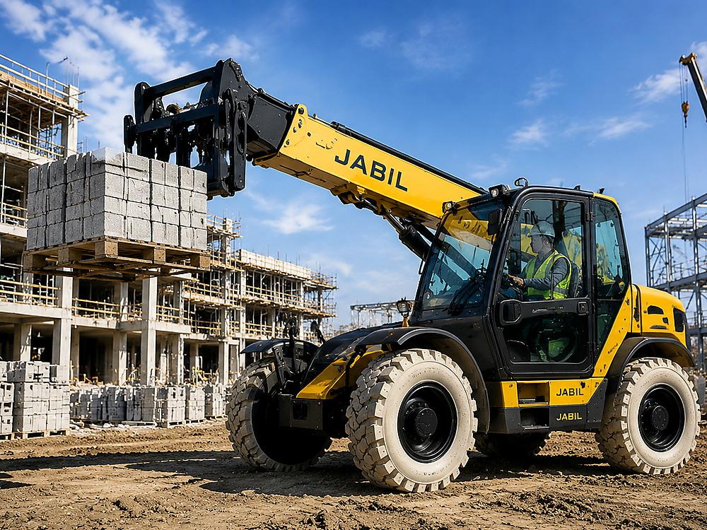 Telehandler with solid OTR tyres operating on active construction site with debris and uneven terrain