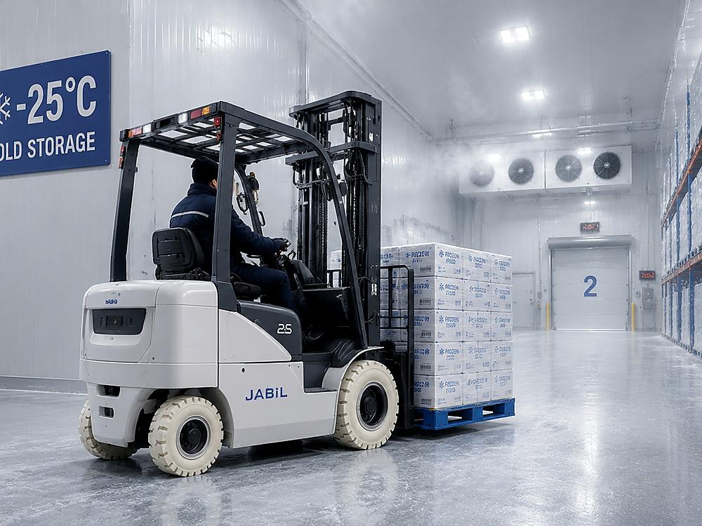 Electric forklift operating in low-temperature cold storage freezer warehouse